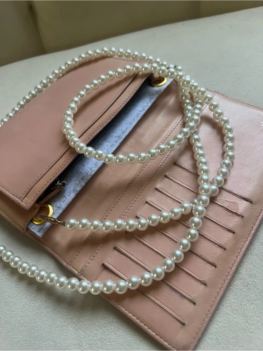 Chanel Camellia Pink Wallet with Pearl crossbody strap